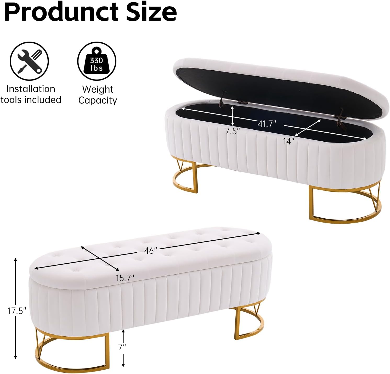 Tufted Storage Ottoman Bedroom Bench, 46" End of Bed Bench with Gold Metal Legs, Upholstered Footrest Stool for Dining, Living Room, Entryway and Hallway, Ivory