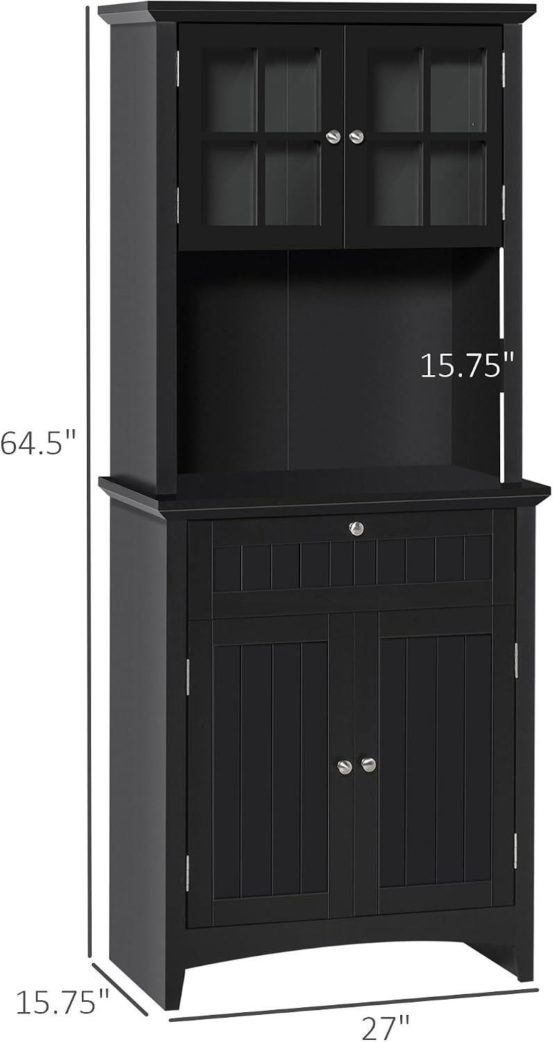 Kitchen Pantry Storage Cabinet with Framed Glass Door Drawer and Microwave Sp...