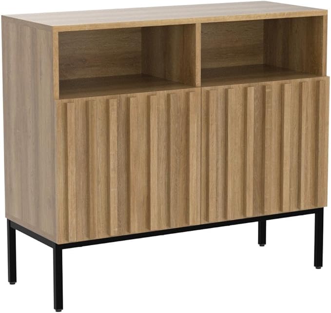 mopio Norwin Storage Cabinet, Sturdy Modern Rustic Industrial Buffet Sideboard, Fluted Accent Storage Cabinets, Credenza, Oak Wood TV Stand, Entertainment Center, Media Console, Living Room (Single)