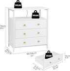 3 Wooden Drawers Night Stand, 27 Inch Wide Nightstand with Charging Station and Adjustable Drawers, Bedside Table for Living Room/Bedroom/Office, White.