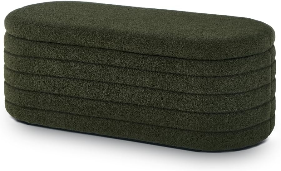 Modern Oval Storage Ottoman Bench, Upholstered Boucle Teddy Fabric End of Bed...