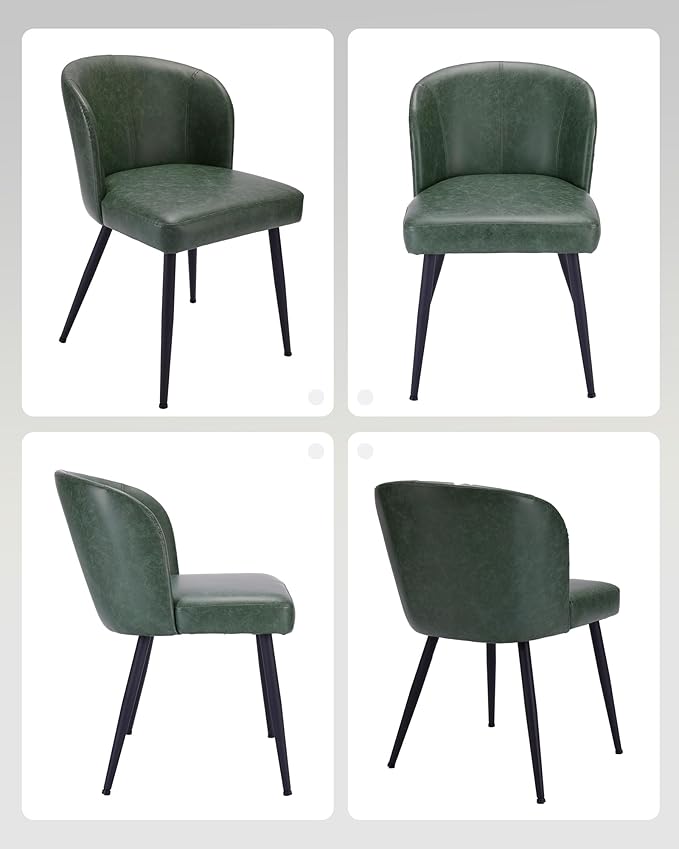 Dining Chairs Set of 2, Upholstered Kitchen Chairs with Faux Leather Cushion Seat and Metal Legs, Mid Century Modern Dining Room Chair for Kitchen, Living Room, Easy Assembly, Green