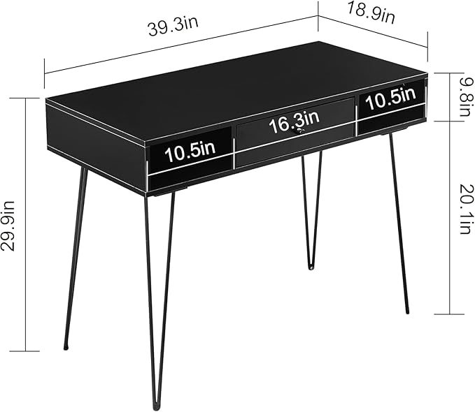 VECELO 39.3" Home Office Work Table with Drawers,Computer Desk with Hairpin Leg for Writing/Study,Classic Black