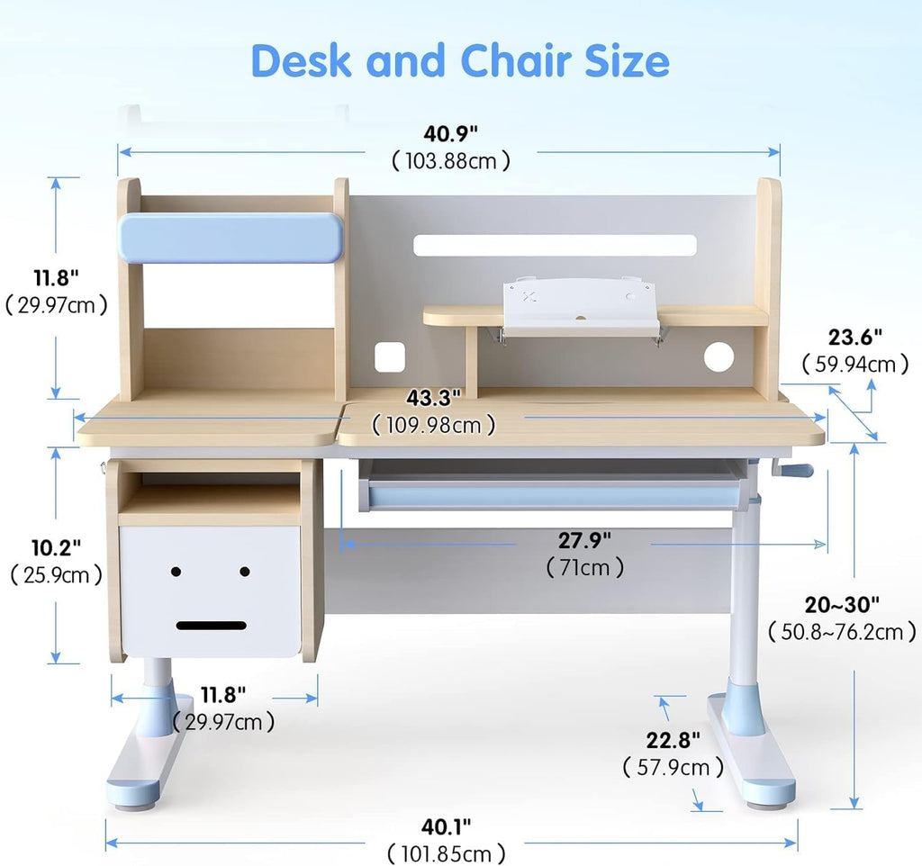 FCD Wood Adjustable Height Kids Study Desk with Chair Drafting Table Computer Station Built-in Bookshelf Hutch Multi Function (Blue, Desk and Chair)
