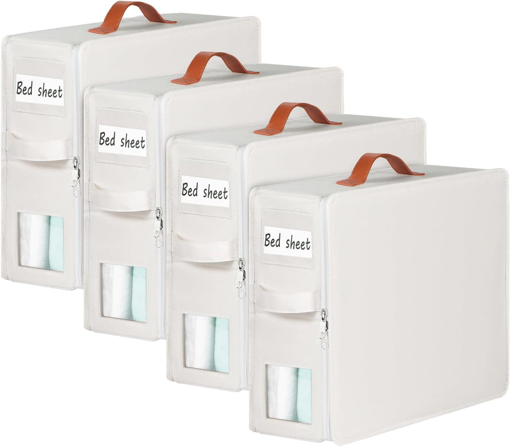 KEEGH Bed Sheet Organizers and Storage, 4 Pack Linen Closet Organizer for Bedding, Sheets Set Folder Organizer with Window& Zipper, Bed Sheet Storage Organizer for Bedsheets, Duvet Cover - Beige