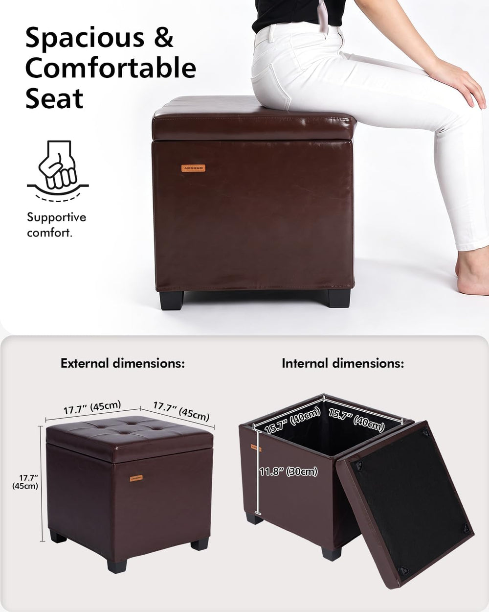 ABHENG Steel Frame Square Ottoman with Storage Antique Brown UASND63R | 17.7&...