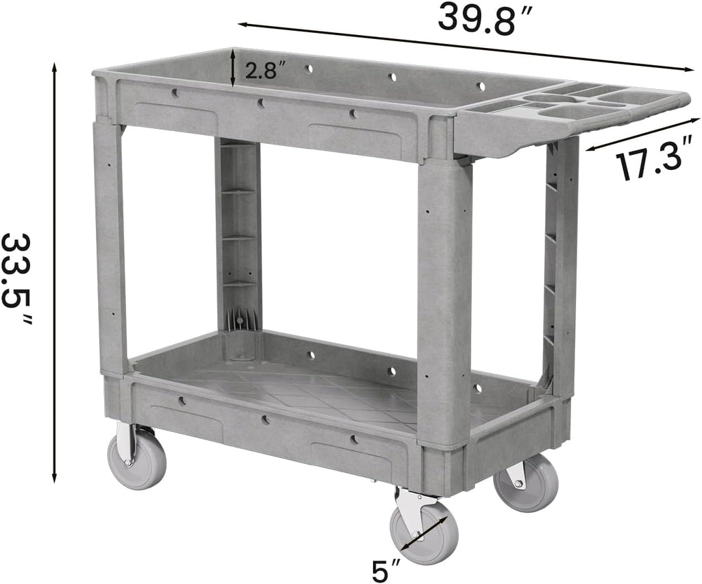 2 Tier Plastic Rolling Utility Cart on Wheels, Heavy Duty Tool Cart with Deep Shelves and 360° Swivel Wheels Holds up to 550 lbs, Service Cart for Garage, Warehouse, Cleaning (Grey-M)