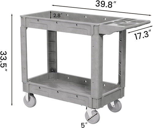 2 Tier Plastic Rolling Utility Cart on Wheels, Heavy Duty Tool Cart with Deep Shelves and 360° Swivel Wheels Holds up to 550 lbs, Service Cart for Garage, Warehouse, Cleaning (Grey-M)