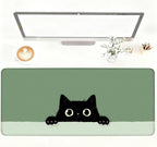 Cute Black Cat Large Mouse Pad – Extended Desk Mat 35.43 x 15.75 in – Kawaii Kitty Peeking Over Edge, Green Background, Non-Slip Rubber Base, Waterproof Keyboard & Mouse Pad for Office or Gaming