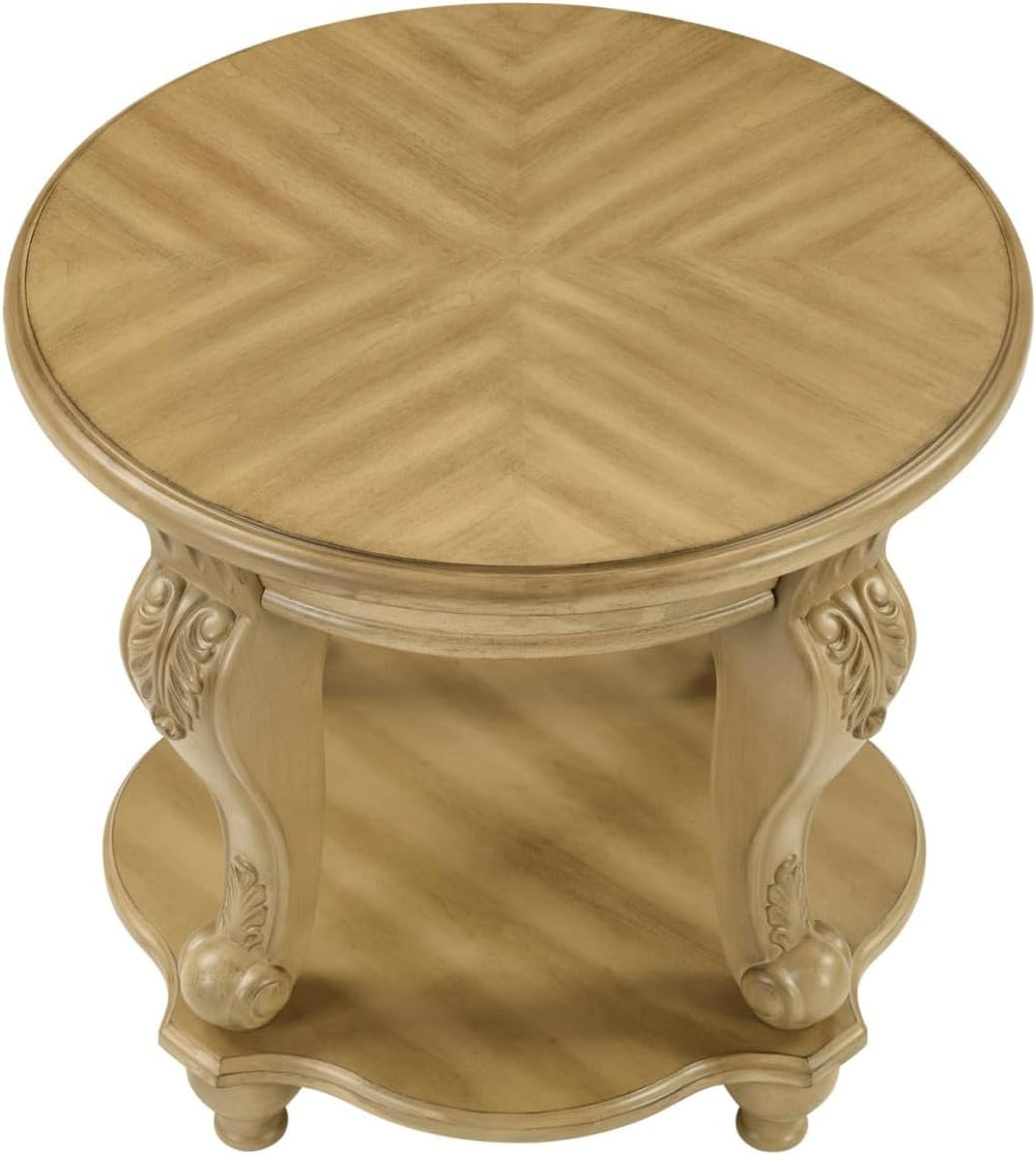 KEIKI Solid Rubber Wood Round Side End Table with Storage Shelf, Traditional ...
