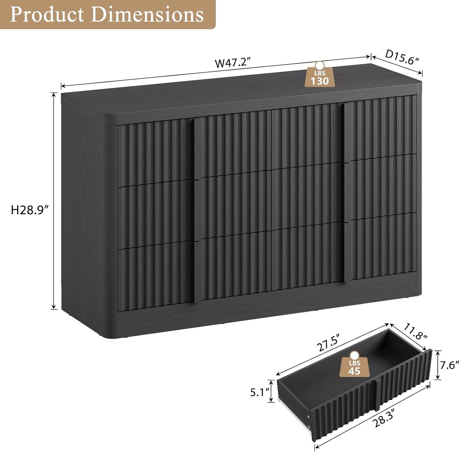 Fluted Dresser for Bedroom, 47" Wide 6 Drawer Dresser, Modern Chest of Drawers with Solid Wood Handle, Curved Profile Design, Wood Dressers Storage Organizer, Living Room, Hallway, Black