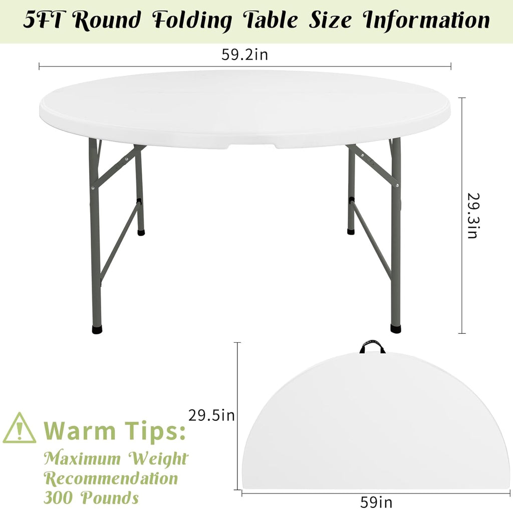 Fivenl 5 FT Round Folding Tables White Foldable Table, Fold-in-Half with Carrying Handle Portable Plastic Table for Party, Dining, Wedding, Camping, Picnic, Indoor Outdoor Events