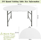 Fivenl 5 FT Round Folding Tables White Foldable Table, Fold-in-Half with Carrying Handle Portable Plastic Table for Party, Dining, Wedding, Camping, Picnic, Indoor Outdoor Events