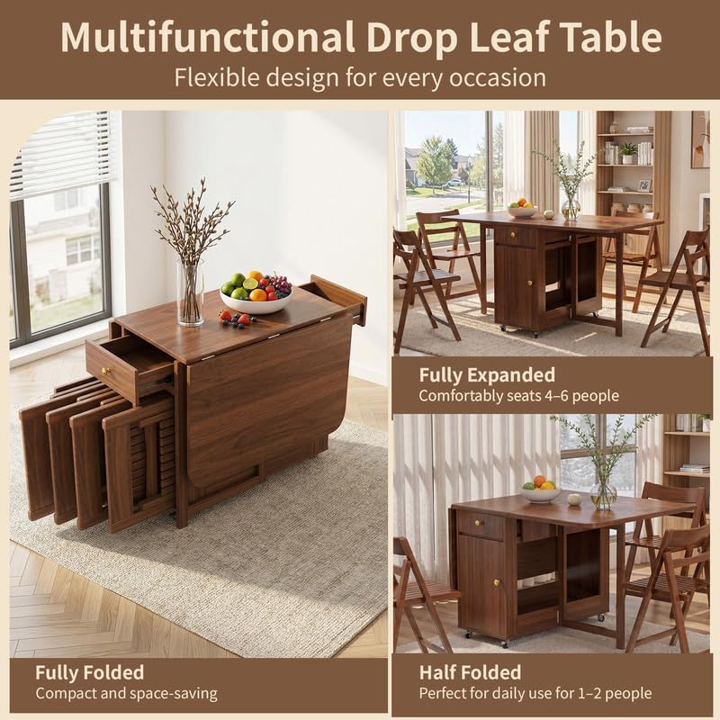 Folding Drop Leaf Dining Table with Hideaway Chairs for Small Spaces | Ready ...