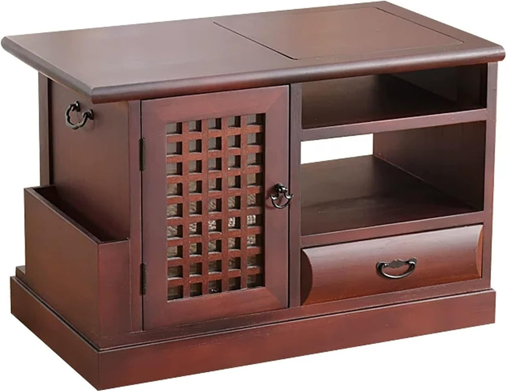 Japanese Tea Cabinet Floor Table, Paulownia Wood Side Table with Tray and Sto...