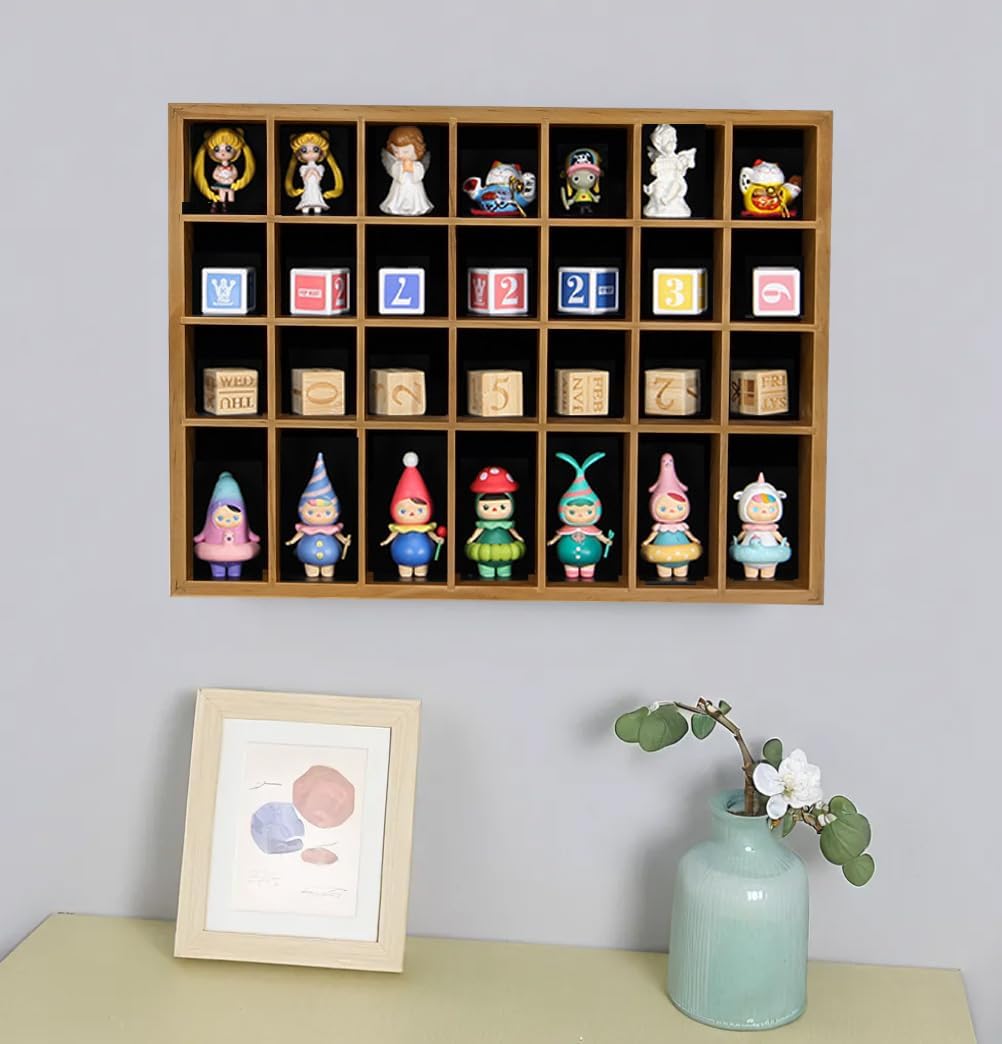 Shot Glass Display Case, Stylish Natural Varnished Glass Display Case for Display, 28 Slots Freestanding & Wall Mountable Shot Glass Holder, Perfect for Collectors - (with 1 Row for Tall Shooters)