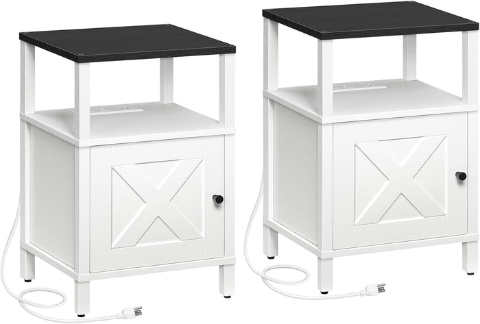 MAHANCRIS Set of 2 Farmhouse Nightstand with Charging Station, Night Stand End Table with USB Ports, Barn Door Bedside Table with Storage Cabinet, Modern Side Table for Bedroom, Small Space, Black