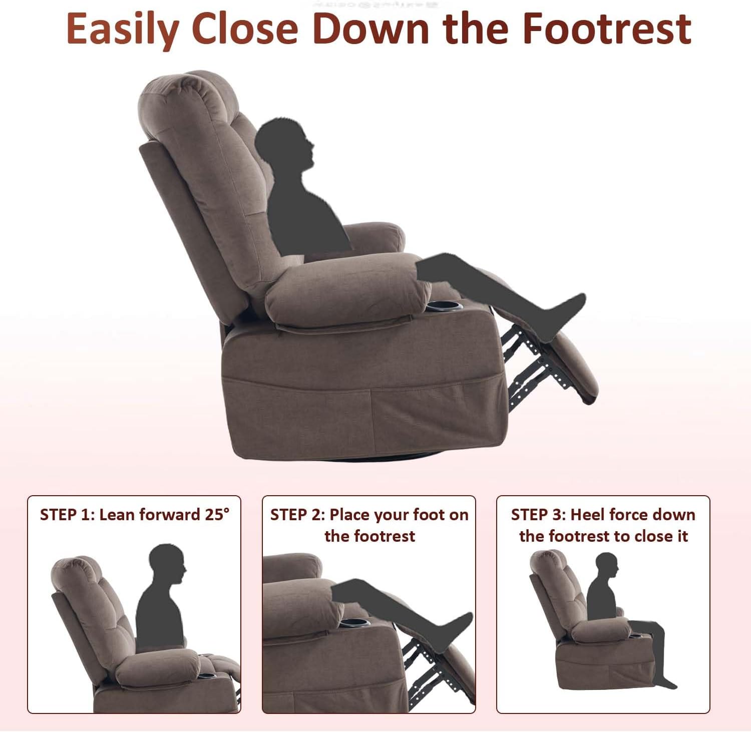 KCQ Overstuffed Swivel Rocker Recliner Chair with Massage and Heat, Fabric Heated Reclining Chairs Manual Recliner with Cup Holder, Nursery Rocking Recliner Glider Chair, Brown