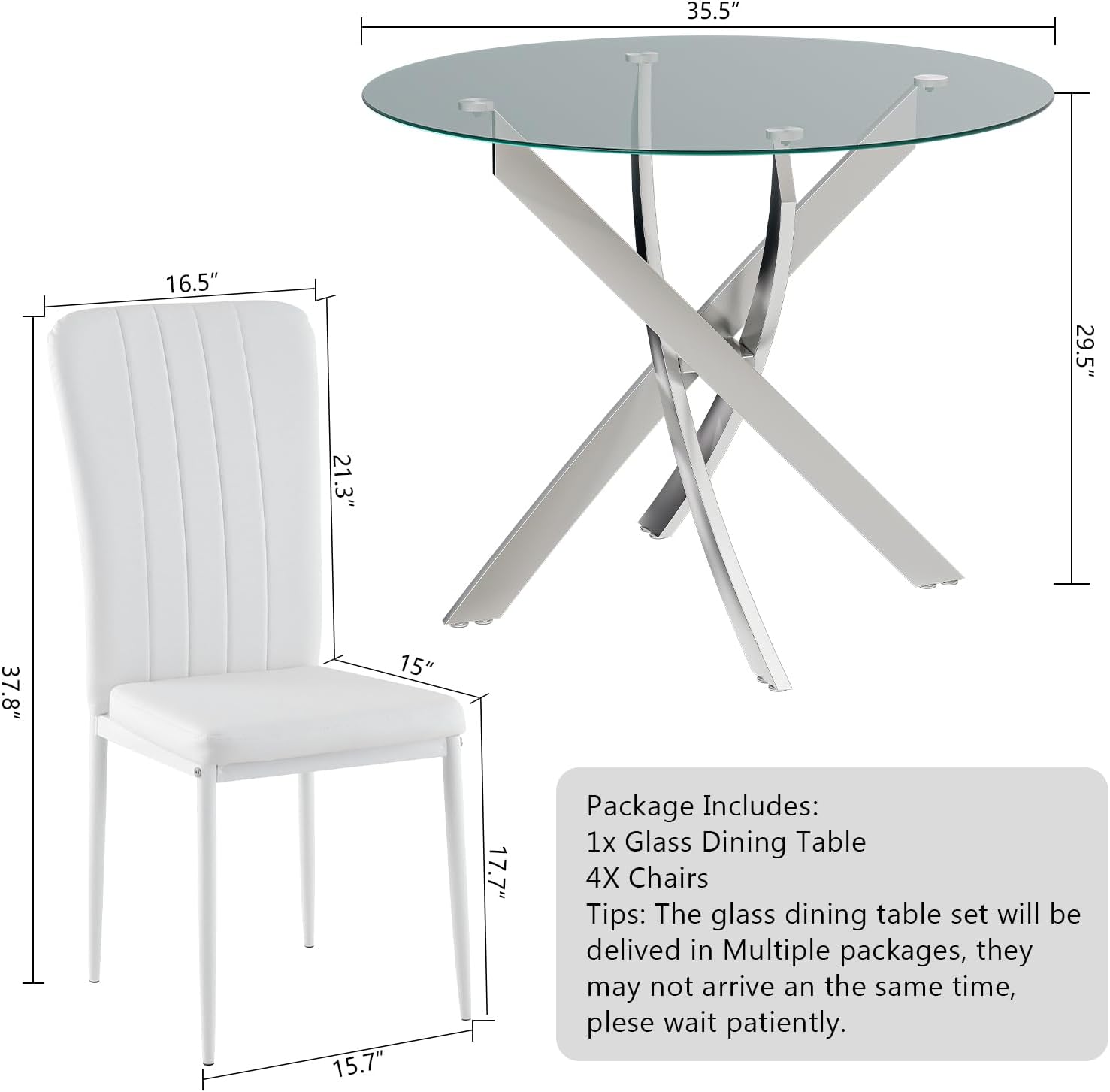 Glass Dining Table Set for 4, Modern Round Dining Room Table with Chairs, 5 Piece Kitchen Table and Chairs Set, for Living Room, Small Space (Include 4 White Chairs)