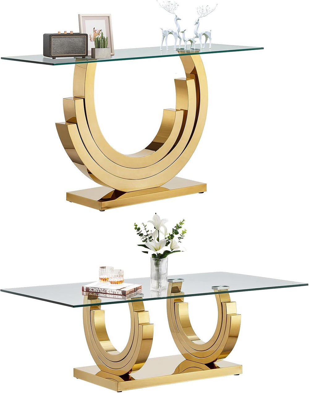 2-Piece Glass Living Room Table Set, C-Shape Stainless Steel Base | Tempered ...