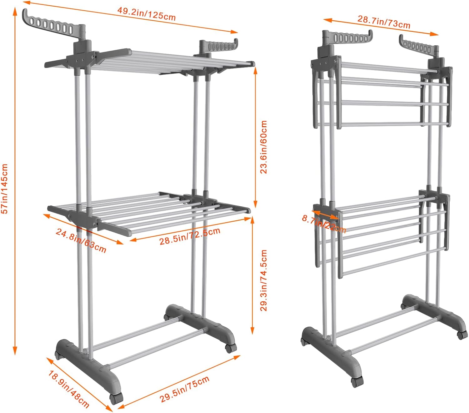 Bigzzia 3 Tier Clothes Drying Rack, 57 Inch Laundry Drying Rack, Foldable Stainless Steel Kids Clothing Rack, Movable Laundry Rack for Indoor Outdoor - Grey