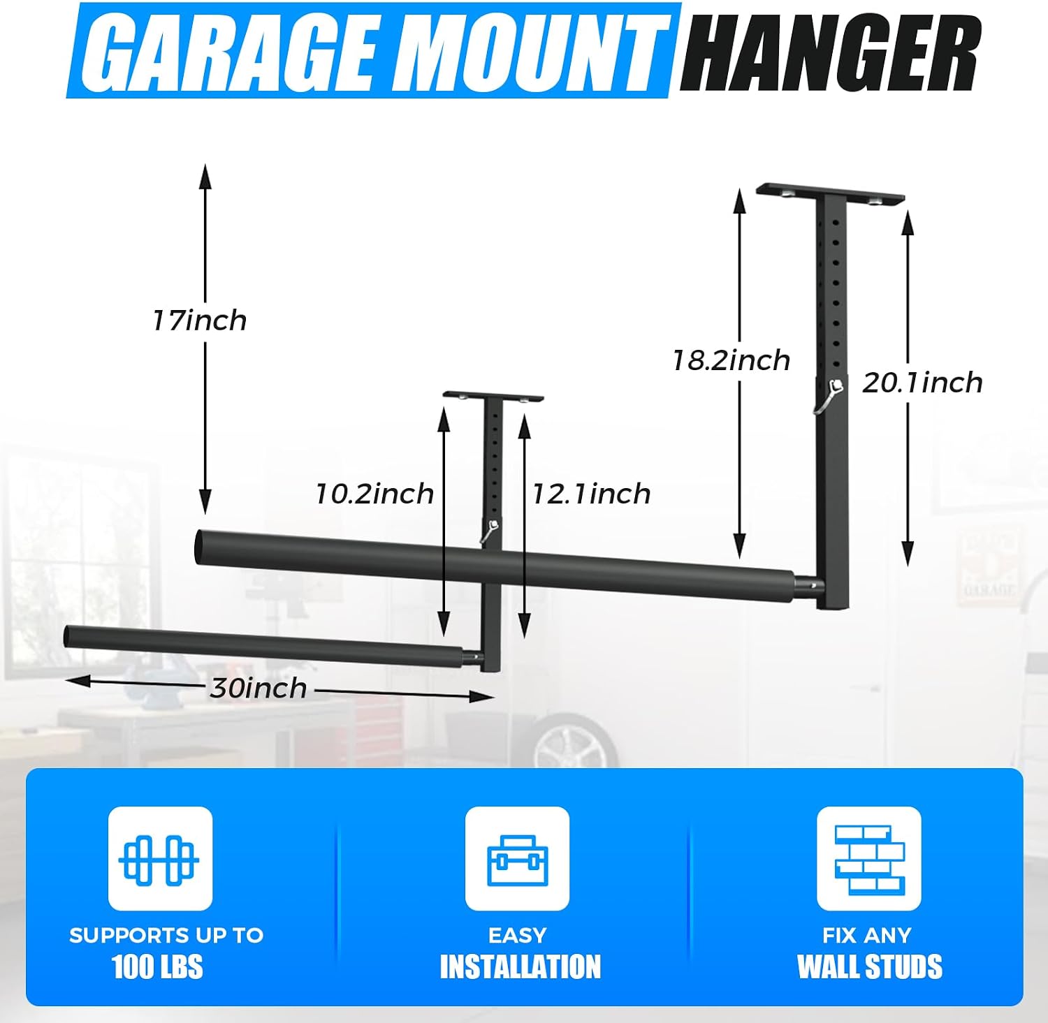 Stainless Steel Ceiling Storage Rack, 10"-18" Height Adjustable,Kayak Overhead Garage Storage Rack, Holds 100 lbs, for High-Altitude Storage of Kayaks, Surfboards, Canoes, Skis, and Ladders