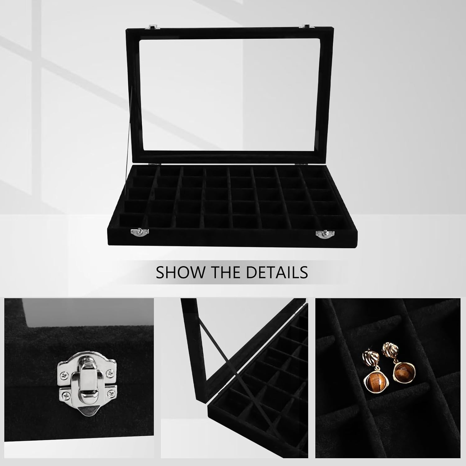 Wudygirl 40 Grid Jewelry Organizer Tray for Earrings Rings Bracelets Storage Necklaces Display Large Jewelry Box with Clear Lid Multiple Compartments Drawer Organization (Black Velvet)