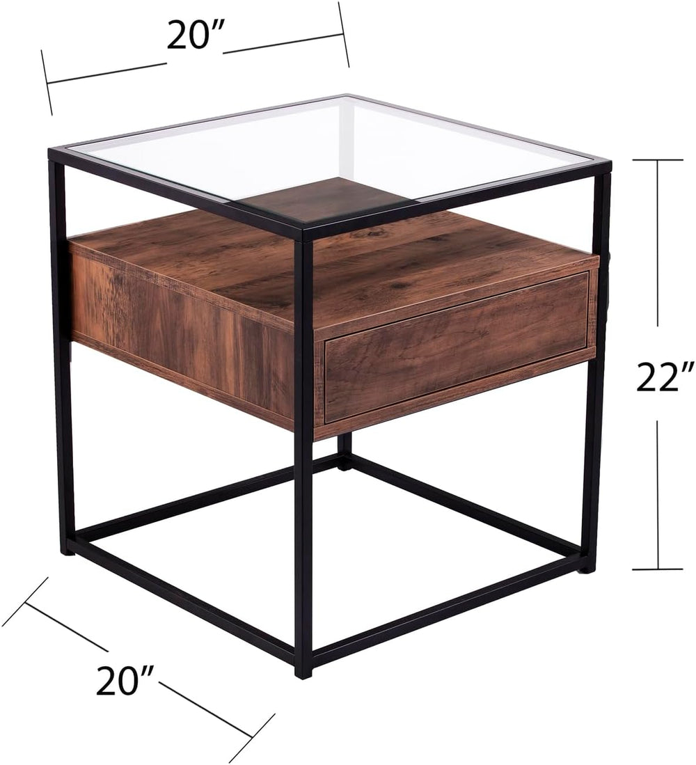 HomeStock Glass Top End Table with Drawer & Shelf - Industrial Accent Tab...
