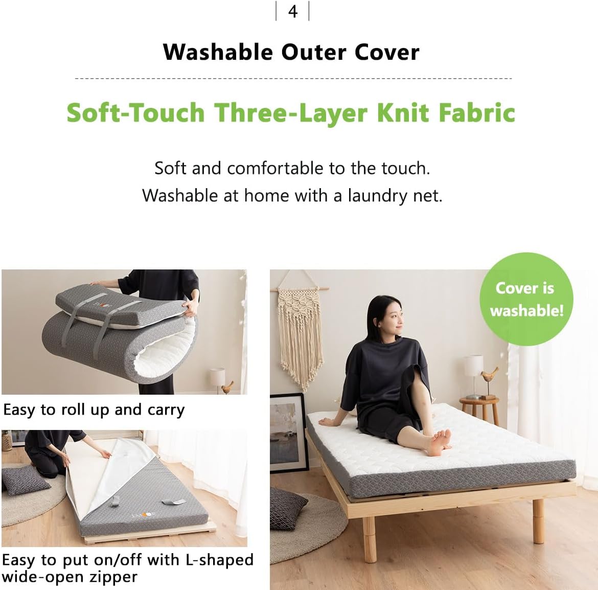 EMOOR Japanese Futon Mattress Roll-Type Relax-2 Twin, High-Resilience Removable & Washable Cover Guest use Tatami Floor Sleeping Space-Saving Minimalist