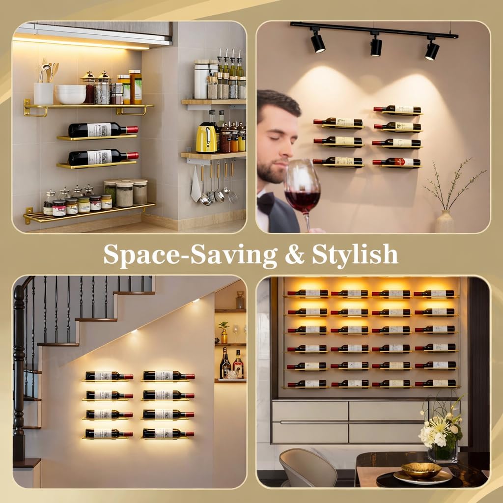 6-Shelf Metal Wall Mounted Wine Rack - Hanging Wine Bottle Holder Organizer for Kitchen, Bar, Home Storage - 6PCS Iron Wine Bottle Display Stand (6PCS-Gold)