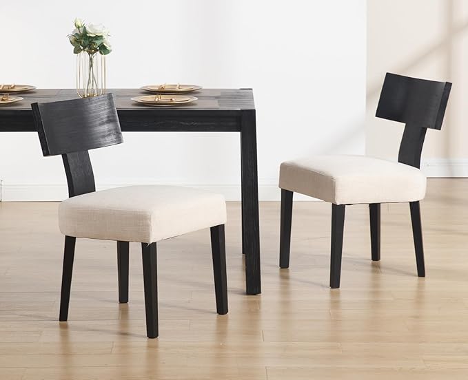 chairus Farmhouse Dining Chairs Set of 6, Upholstered Accent Chairs with Black T-Shape Wood Back Armless Kitchen Chairs with Soft Pad, Linen Beige