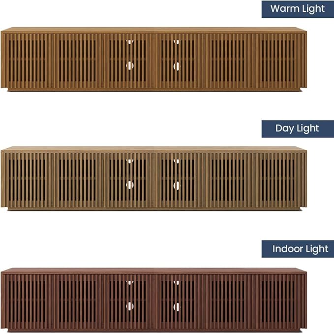 POVISON Full Assembled Mid Century Modern TV Stand, Wood Slatted Media Console for 75+ inch TV, Entertainment Center with Storage for Living Room, Low Cabinet with Removable Shelves