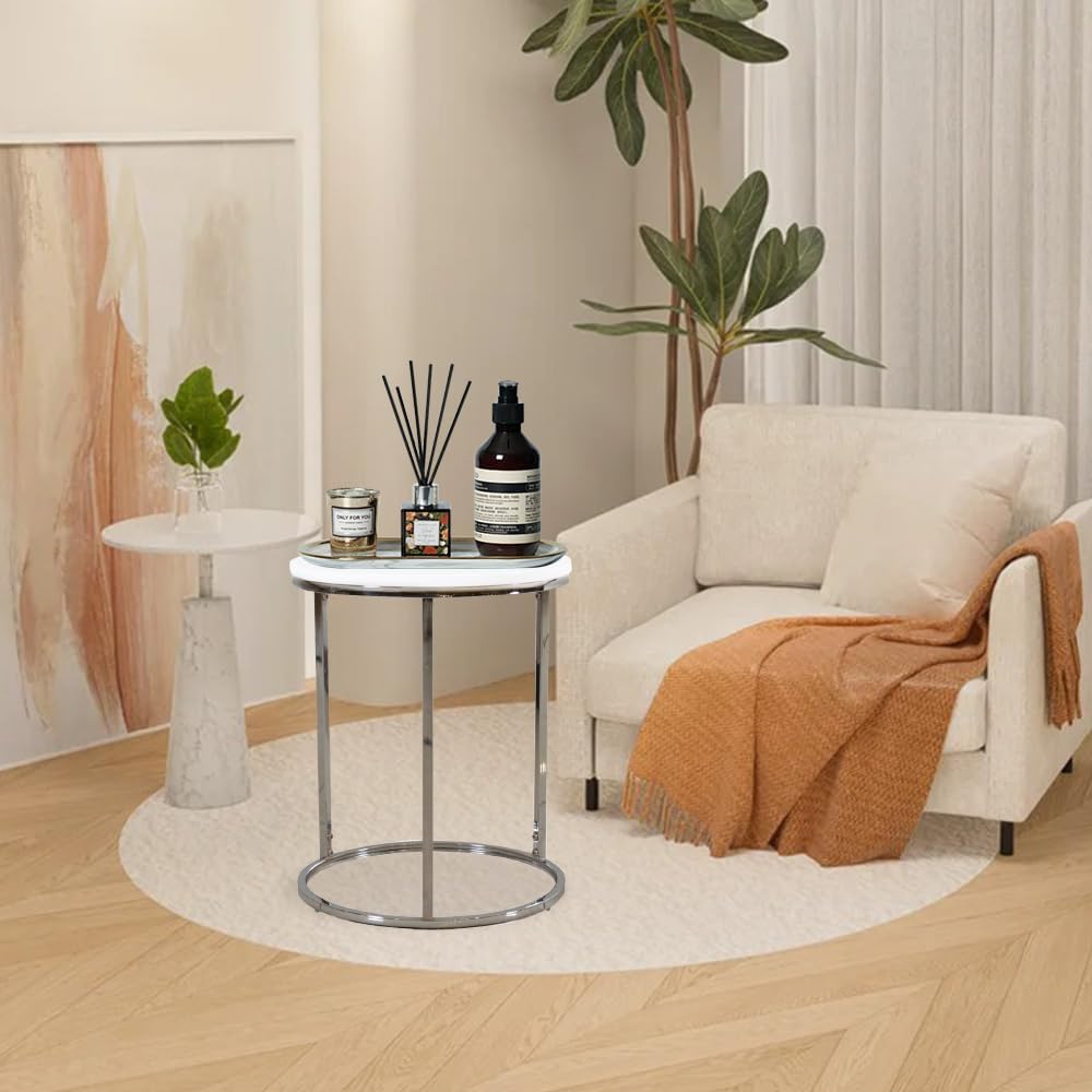 Nesting Coffee Table Set of 2 White Silver | Round Stacking Side Tables for S...