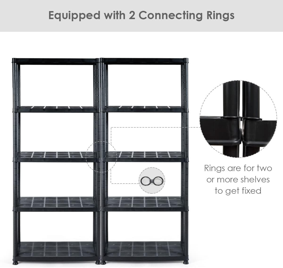 IRONMAX 5-Tier Plastic Storage Shelves, Multi-Purpose Display Shelf Rack, Light Duty Storage Shelving Unit for Laundry Pantry Closet, Black (2, 28“L X 15”W X 67“H)