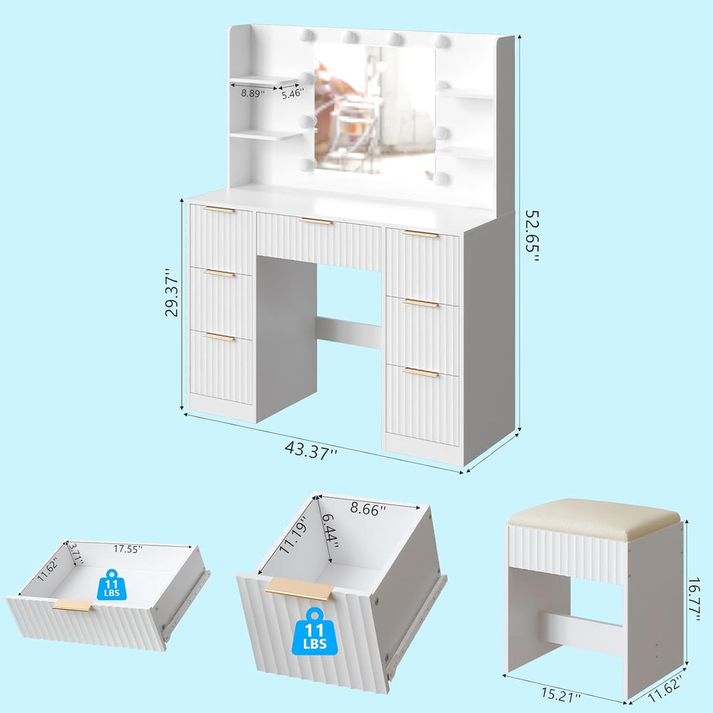 Karl home Fluted Vanity Desk with Mirror and Lights in 3 Modes and Charging S...