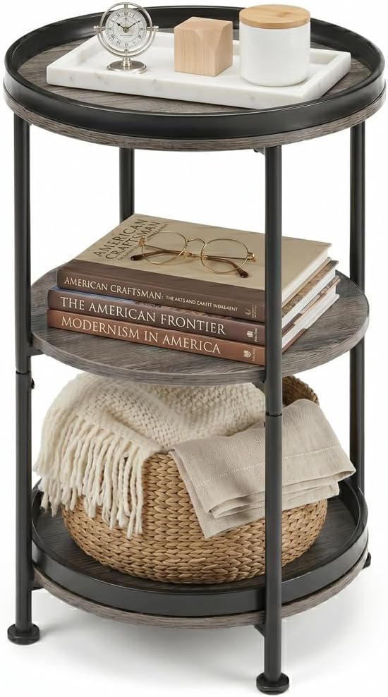 Dulcii Round Side Table with 3 Shelves for Living Room, Bedroom Nightstand wi...