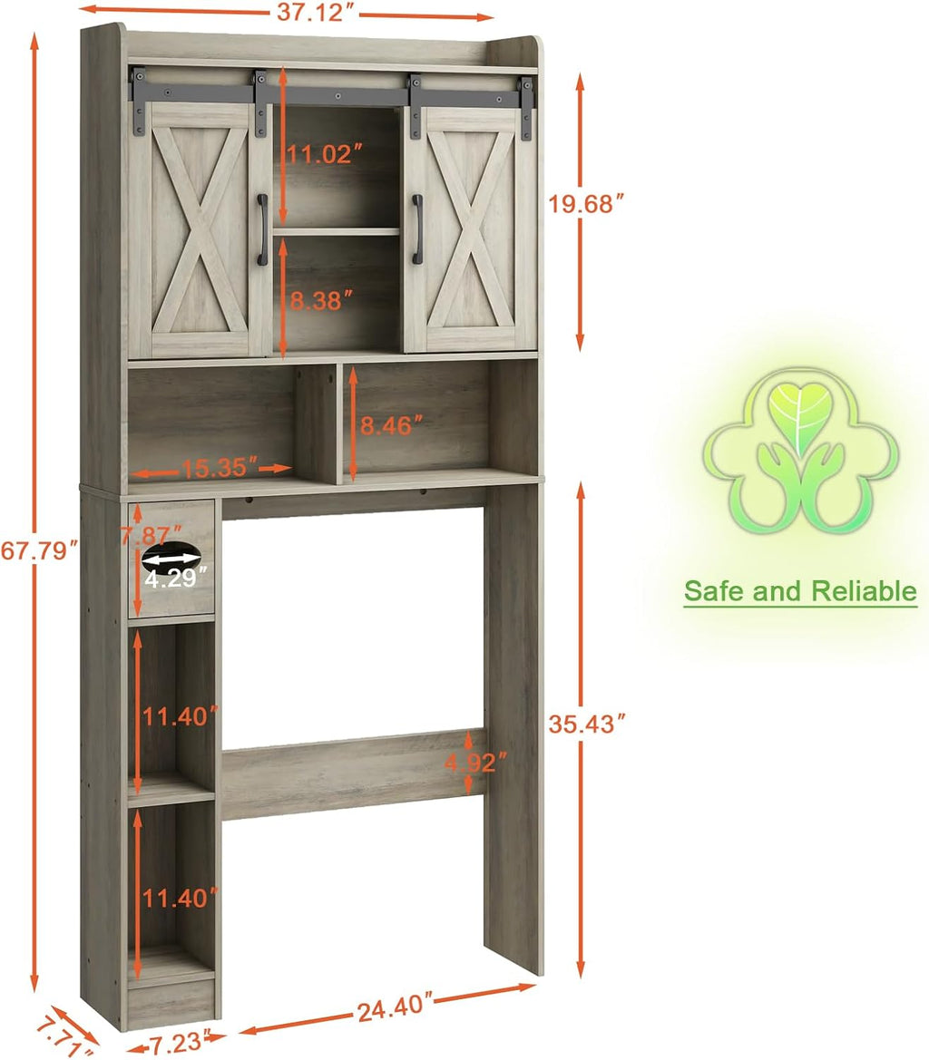Vabches Over The Toilet Storage Cabinet, Farmhouse Storage Cabinet Over Toilet with Sliding Door& Toilet Paper Holder Stand，Home Space-Saving Toilet Rack, for Bathroom, Restroom, Laundry