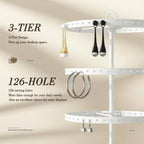 3 Tiers Metal Rotating Earring Holder Organizer Stand Adjustable Display Tree, 126 Holes Large Carousel Rack for Stud Hoop Pierced Dangling Women Girls, Perfect View for All Earrings (White)