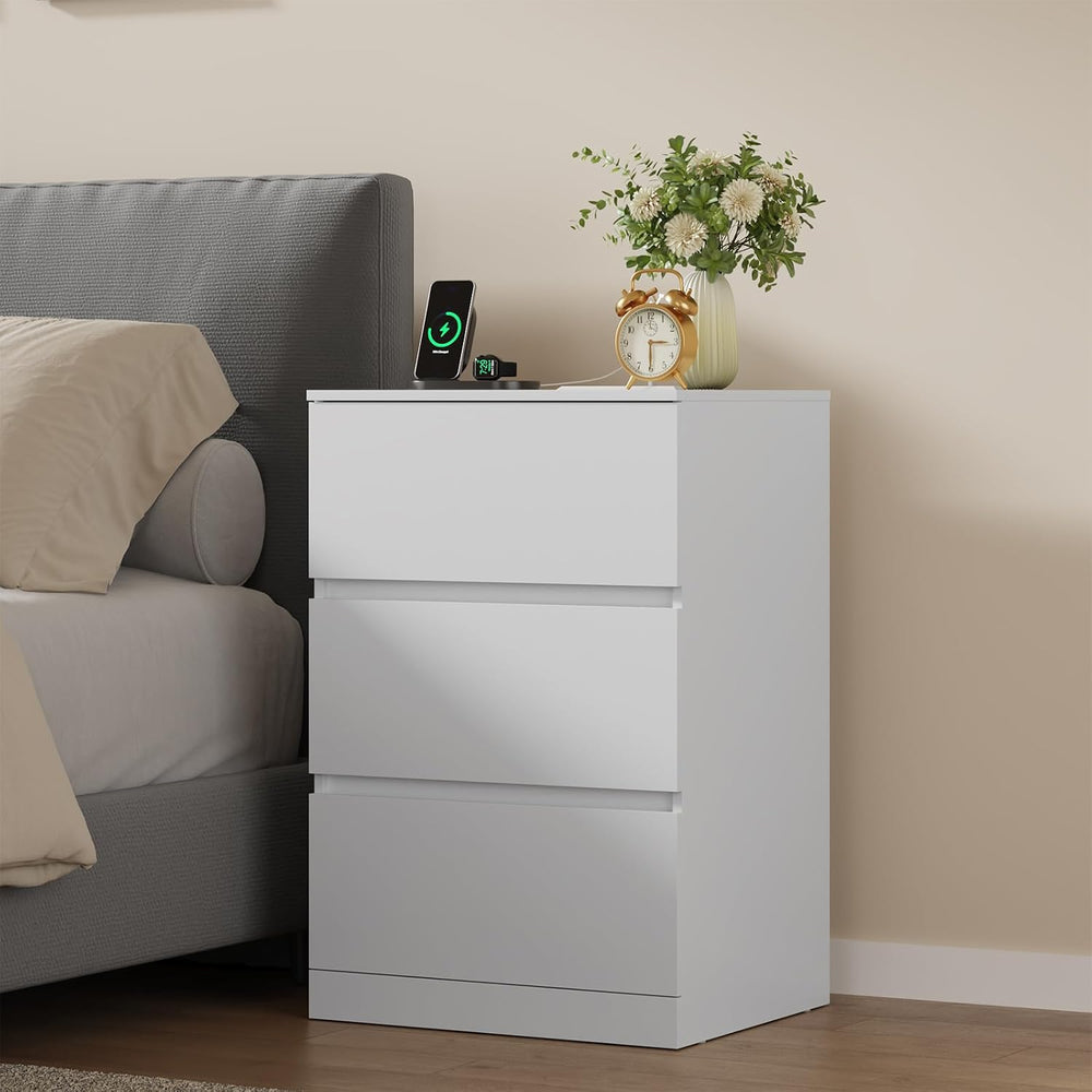 Nightstands Set of 2 with Charging Station and Hidden Drawer, 26"H, Whit...