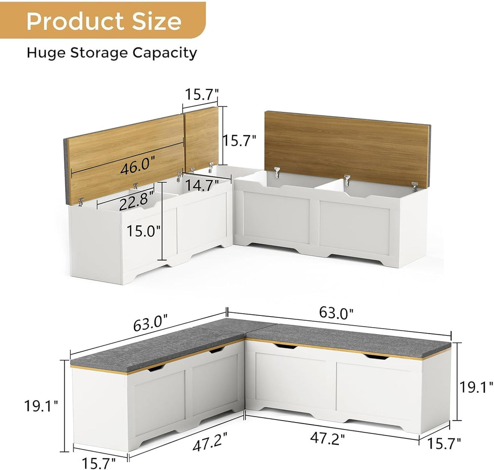L-Shape Storage Bench with Cushion, 3-Pcs Large Capacity Entryway Chest Corne...