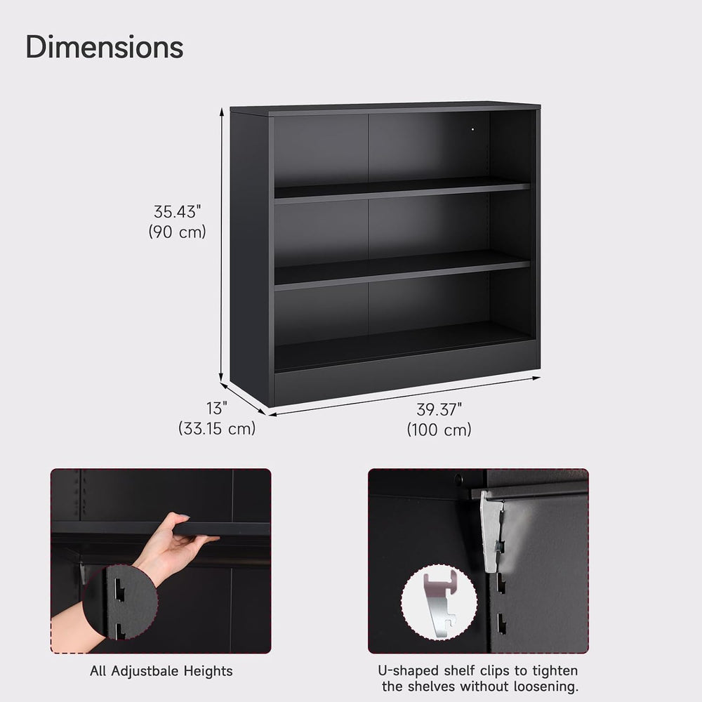 Metal Black Bookshelf, Short Bookshelf with Adjustable Shelves, 3 Tier | Open...