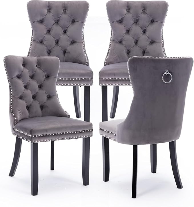 Velvet Upholstered Dining Chairs Set of 4, Modern Style Kitchen Side Chairs with Nailhead Trim and Wood Legs,Metal Pulling Ring for Dining Room Living Room(Grey,Set of 4)