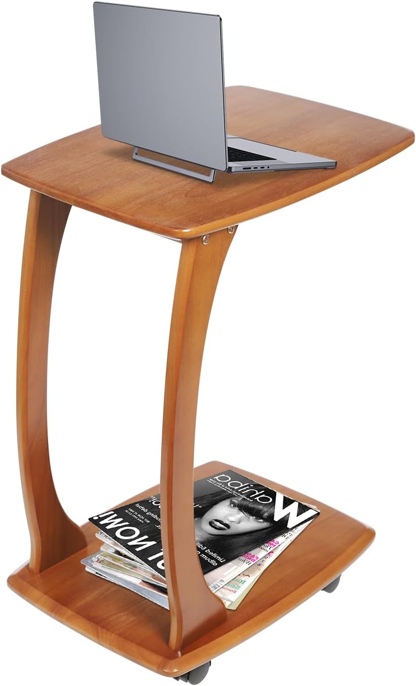 C Shaped Side Table for Couch, Solid Wood End Table with Rolling Wheels, Sofa...