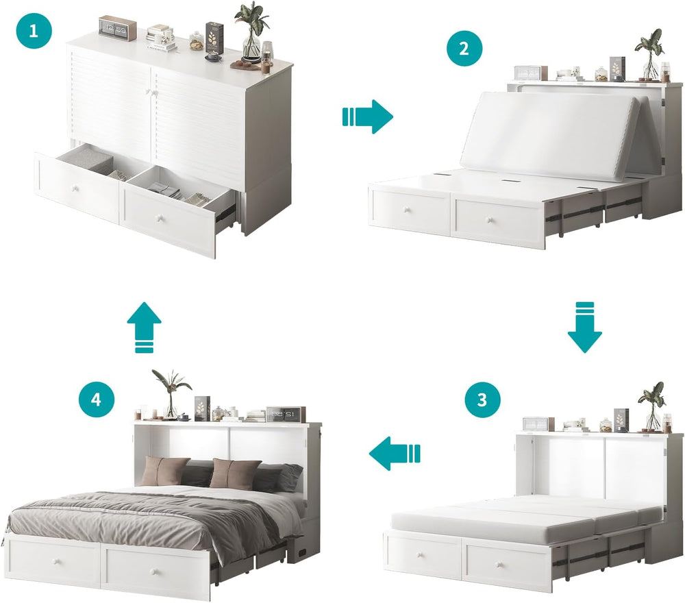 BALUS 63.3“W Murphy Bed Queen, Cabinet Bed with USB Ports & Large Storage...