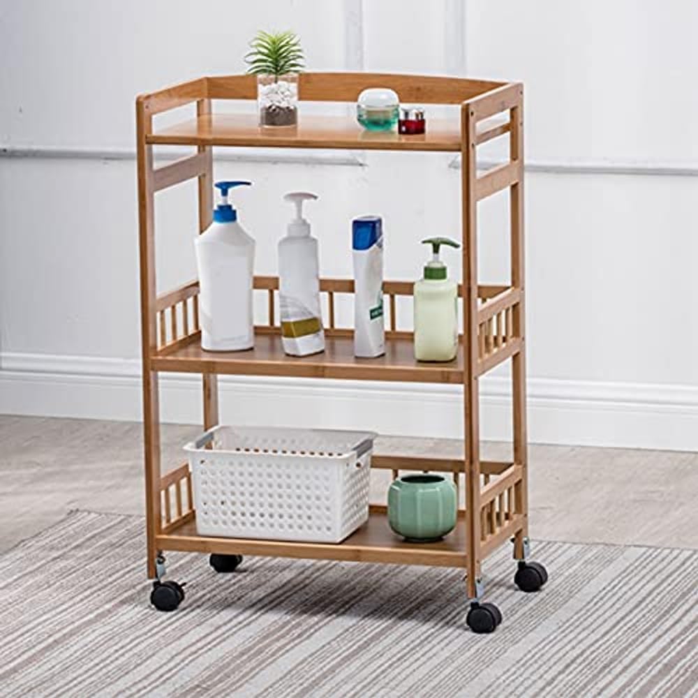 3-Tier Bamboo Rolling Storage Cart with Locking Wheels, Natural Wood Finish |...