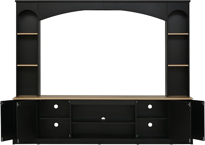 Farmhouse Arched Entertainment Center Wall Unit with Bookshelf, Large TV Stand with Wood Grain for TVs Up to 70", 91inch Media Console with Adjustable Shelves for Living Room (Black/F1)
