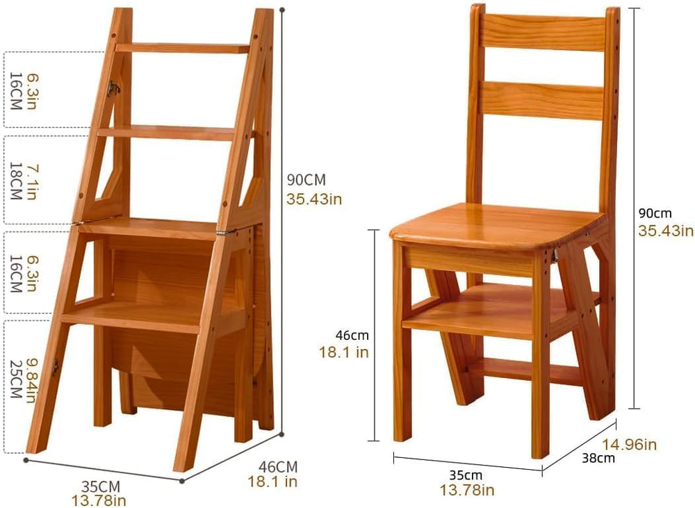 4 Tier Folding Step Ladder, 3-in-1 Wooden Folding Ladder Chair, Portable Mult...