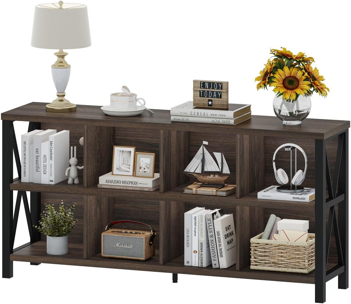 8 Cube Storage Organizer Bookshelf, 62 Inch Rustic Wood Horizontal Bookcase, Farmhouse Cube Long Book Shelf, TV Console Stand for Living Room (Dark Walnut)