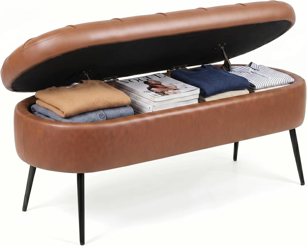 Storage Ottoman Bench, 43.7"PU Leather End of Bed Bench Walnut Brown | B...