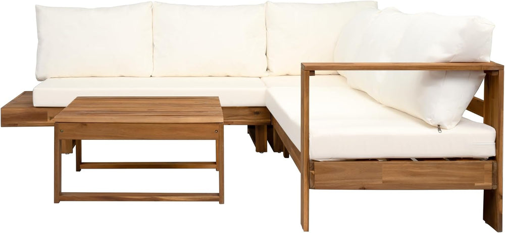 4pc Acacia Wood Outdoor Sectional Sofa Set with Cushions | Slatted Design - M...